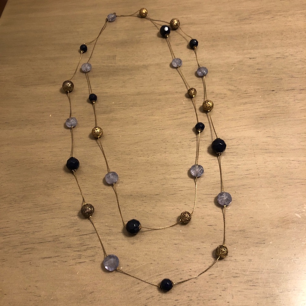 Vintage Premier Designs Long Gold Tone and Blue Beaded Necklace